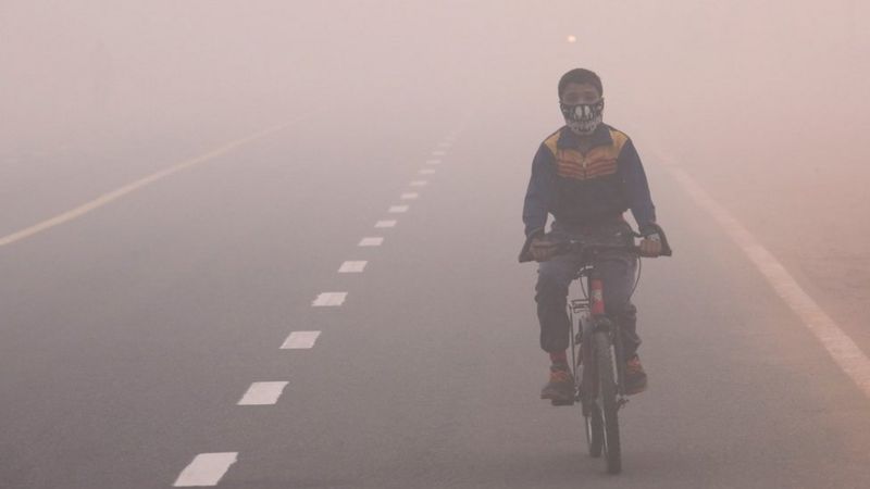 Cyclist in Delhi pollution